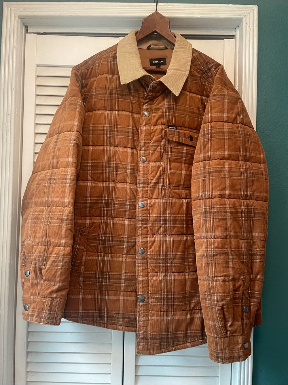 Brixton Quilted Plaid Puffer Jacket in Rust with Cream Collar